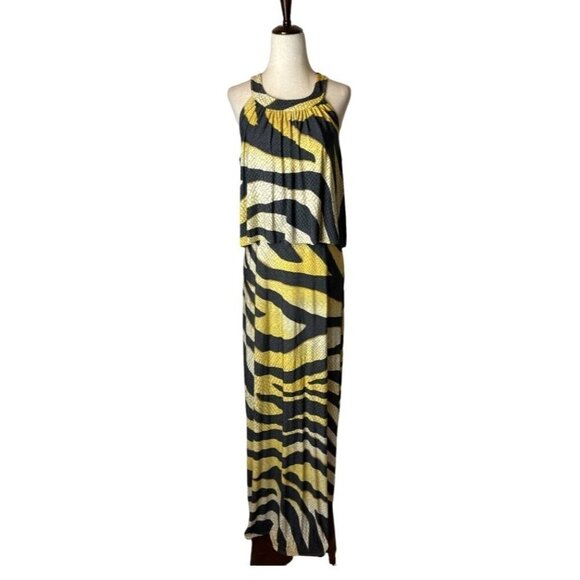 Chico's Black And Gold Zebra Print Jersey Sleeveless Halter Neck Maxi Dress S - Picture 2 of 14